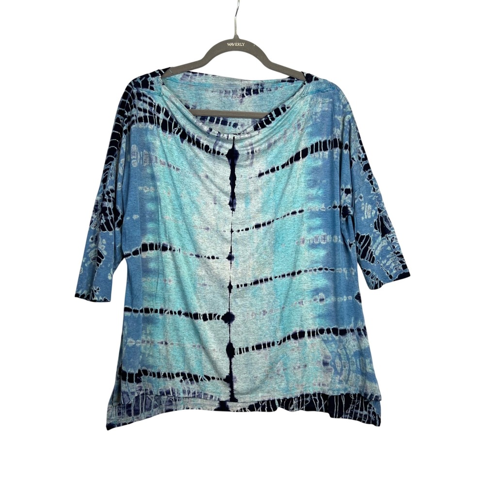 Hard Tail Forever Cowl Neck Top Size S Blue Tie Dye 3/4 Sleeve Boho Beachy NEW